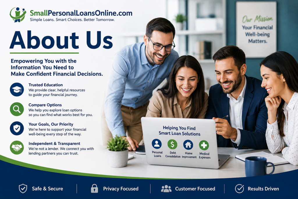 Professional About Us banner for SmallPersonalLoansOnline.com featuring a team collaborating in an office environment, highlighting financial education, a Personal Loan App, Personal Loans Interest Rates, Personal Loans Unsecured, and Peer to Peer Lending resources for consumers.