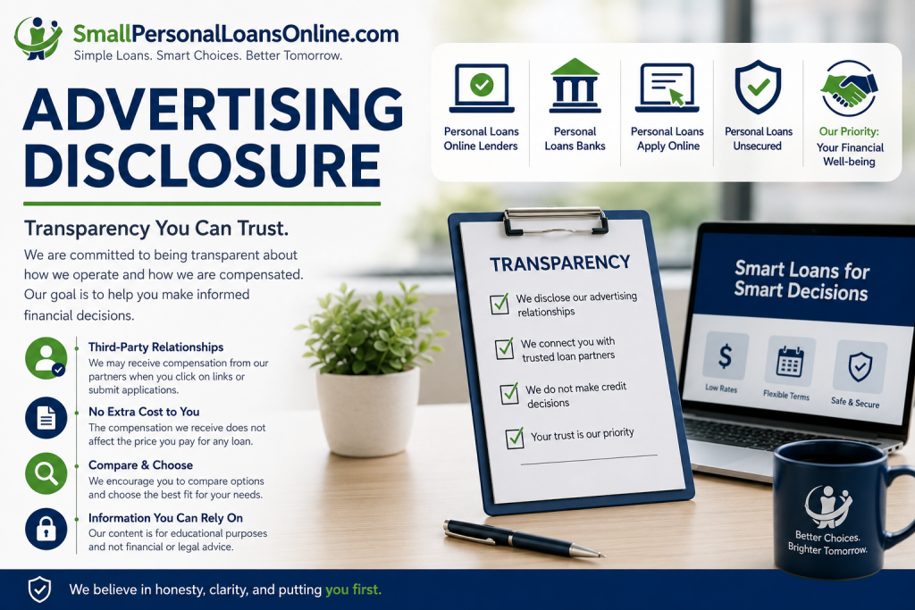 Professional Advertising Disclosure banner for SmallPersonalLoansOnline.com featuring transparency messaging, financial education graphics, Personal Loans Online Lenders, Personal Loans Banks, Personal Loans Apply Online, and Personal Loans Unsecured information.