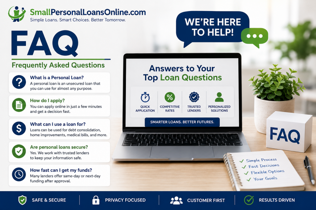 FAQ page banner for SmallPersonalLoansOnline.com featuring common loan questions, lending information, and resources related to Advertising Disclosure, Personal Loans Online Lenders, Personal Loans Banks, Personal Loans Apply Online, and Personal Loans Unsecured.