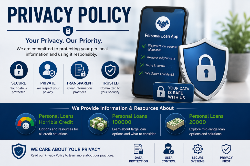 Privacy Policy banner for SmallPersonalLoansOnline.com featuring secure data protection graphics, a Personal Loan App interface, and educational resources about Personal Loans Horrible Credit, Personal Loans 100000, and Personal Loans 20000.
