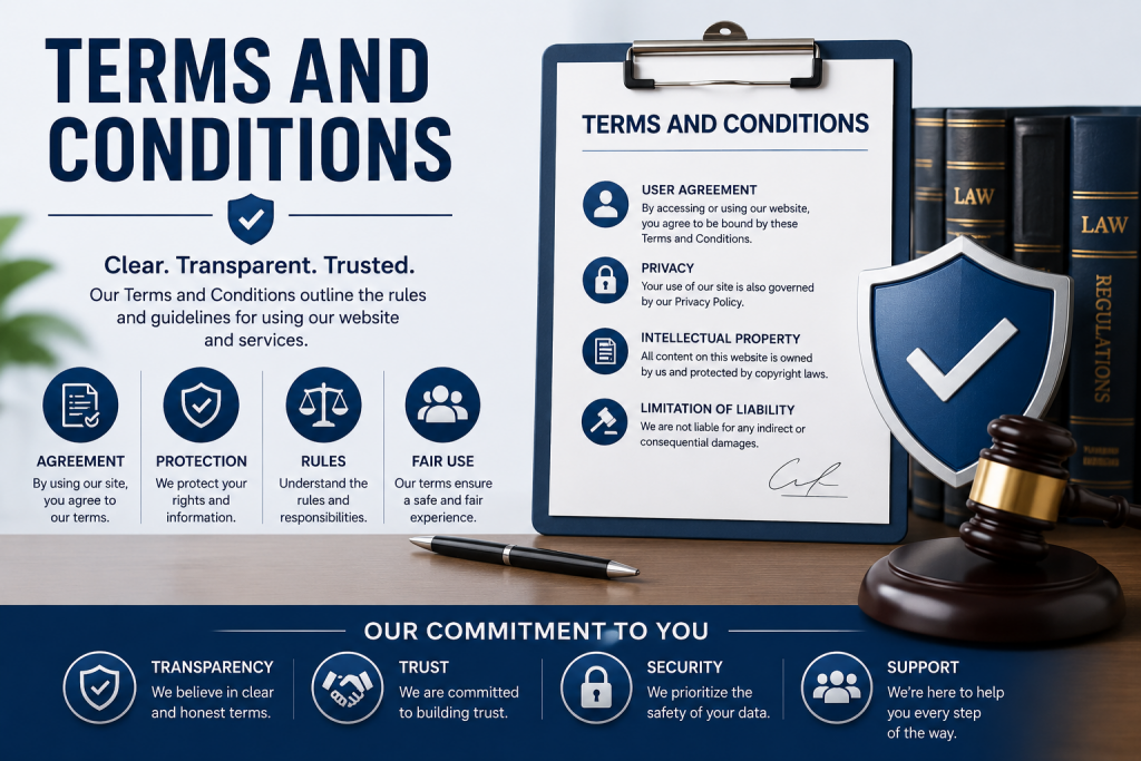 Terms and Conditions banner for SmallPersonalLoansOnline.com featuring legal documents, security shield, gavel, and educational resources about Personal Loans Unsecured, Personal Loans Cheap Interest, Personal Loans Banks, and Persona Loans Near Me.