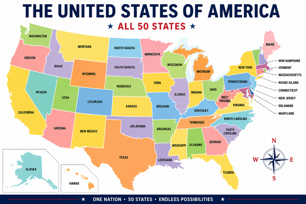 Colorful map of the United States highlighting all 50 States, representing nationwide lending trends, Personal Loan App technology, Personal Loans Apply Online services, Peer to Peer Lending platforms, and Personal Loans with no Credit Check resources.