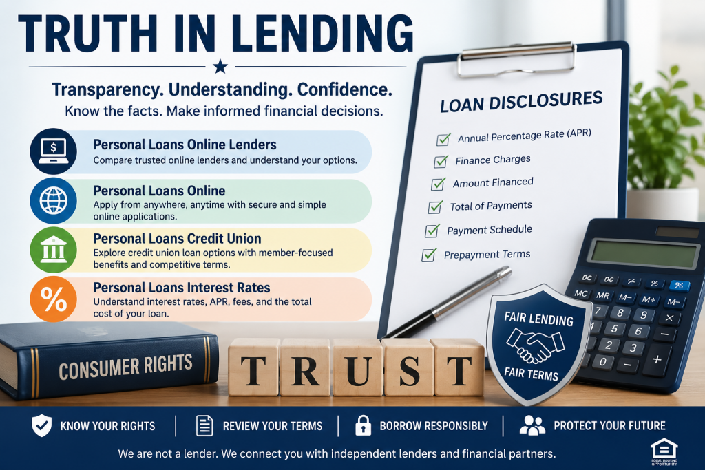 Truth in Lending educational infographic featuring Personal Loans Online Lenders, Personal Loans Online, Personal Loans Credit Union, and Personal Loans Interest Rates, with loan disclosure information, APR explanations, consumer rights resources, and fair lending concepts.