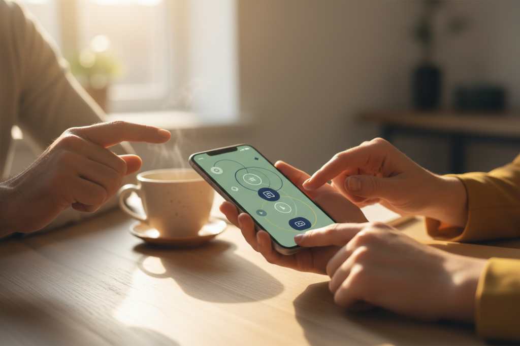 People reviewing personal loan options on a smartphone while discussing financial solutions, including Personal Loans Maine, Top Loan Lenders, Online Loans with Fixed Rates, Emergency Personal Loans Online, and Emergency Cash Online.