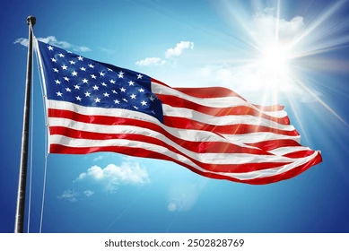 American flag waving against a bright blue sky with sunlight representing Personal loan app, personal loans horrible credit, privacy policy, personal loans 100000, and personal loans 20000.