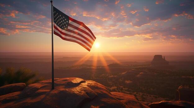 American flag waving at sunset over a scenic landscape, representing Truth in Lending: Personal Loans Online Lenders, Personal Loans Online, Personal Loans Credit Union, and Personal Loans Interest Rates.